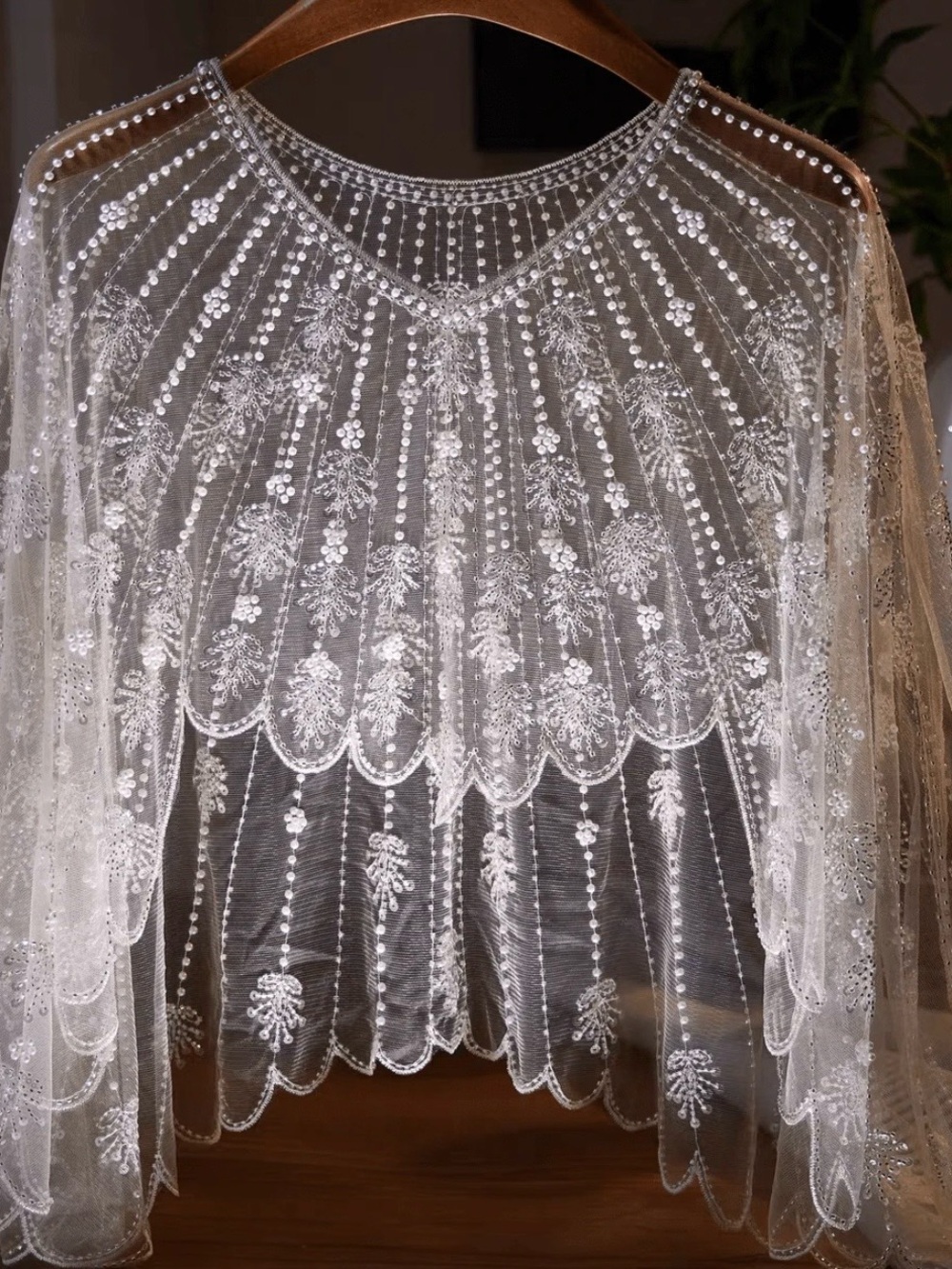 Sheer Embroidered Sequin Cape Top - White